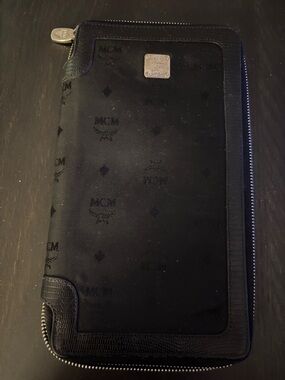 MCM Men's Black Logo Zip Wallet with Silver Plaque